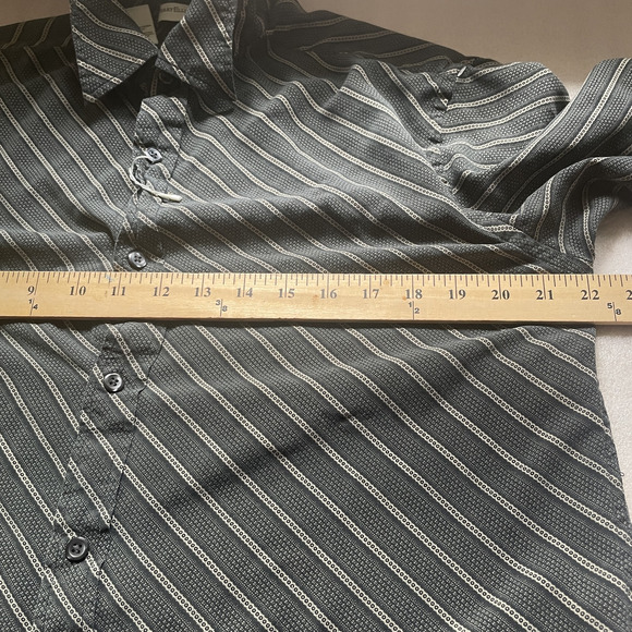 Perry Ellis Shirt Mens Medium Black Brown Diagonal Stripe 100% Silk Short Sleeve - Picture 3 of 8